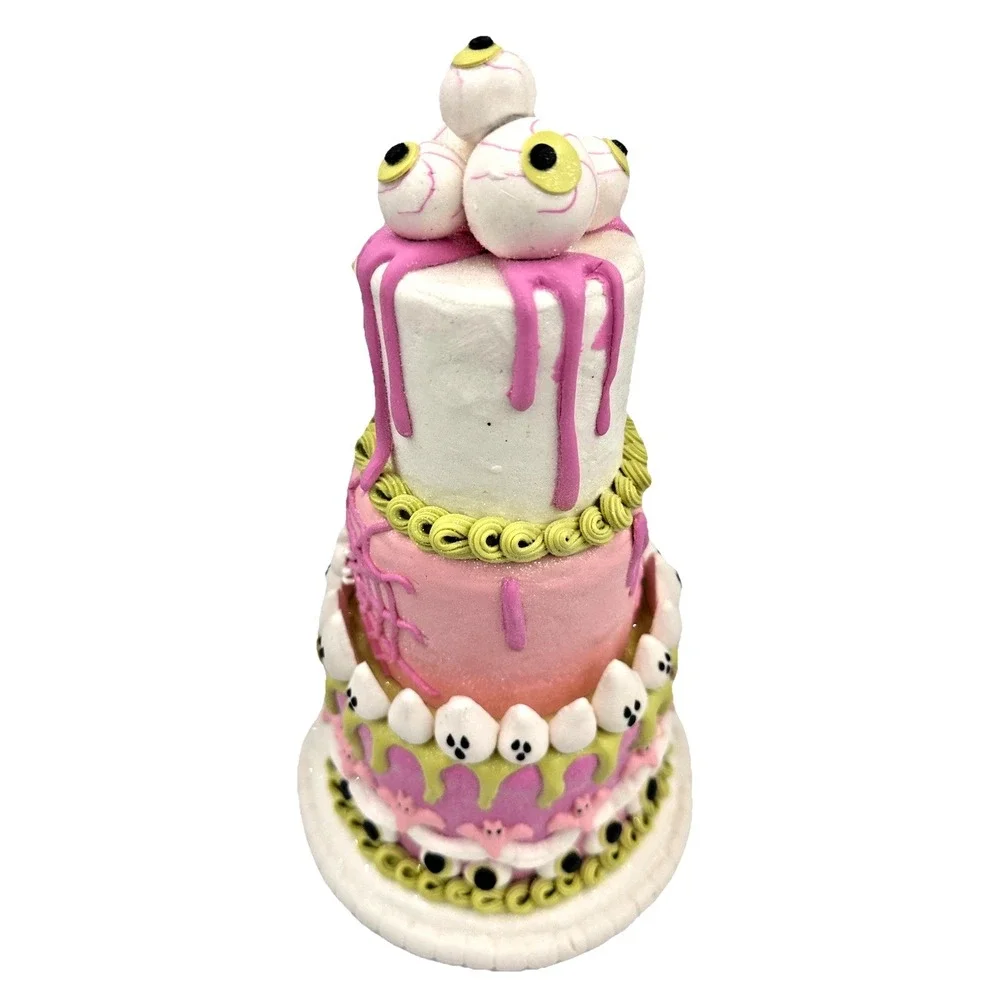 Ghoulish Halloween Faux Cake Pink Pastel 3 Tier Spooky LED Lights NWT